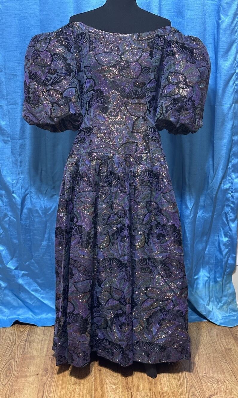 Victor Costa 1980’s Metallic Floral Brocade Puff Sleeve Purple Dress Dark SZ 14